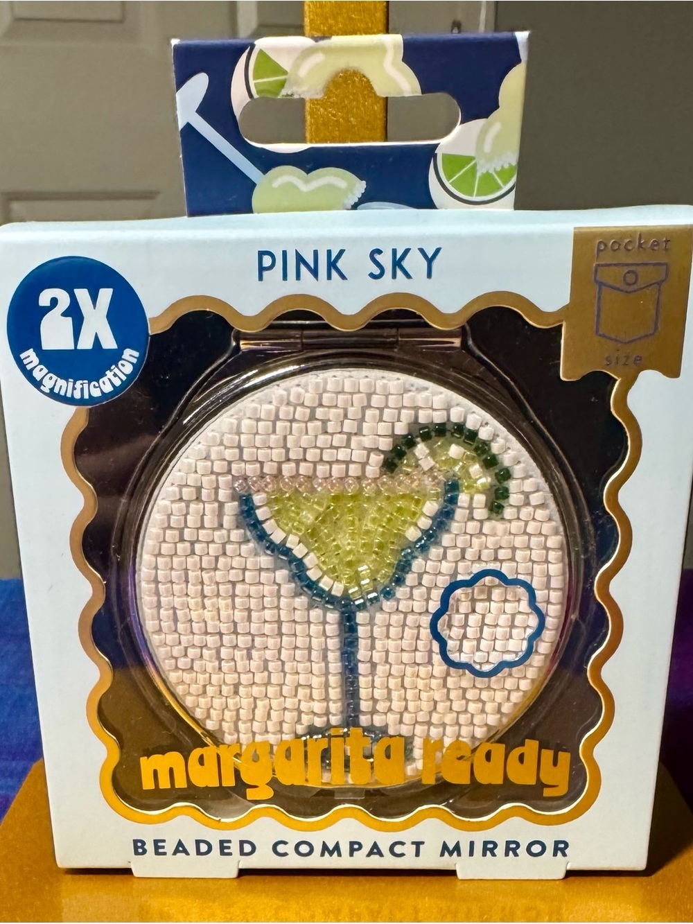 NWT Pink Sky Margarita Ready Beaded Compact Mirror 2X Magnification